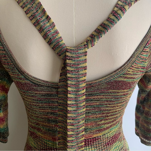 Vintage 90s Guess Jeans Gold Bodycon Knit Dress Medium Rasta Red Yellow Green - Picture 7 of 12